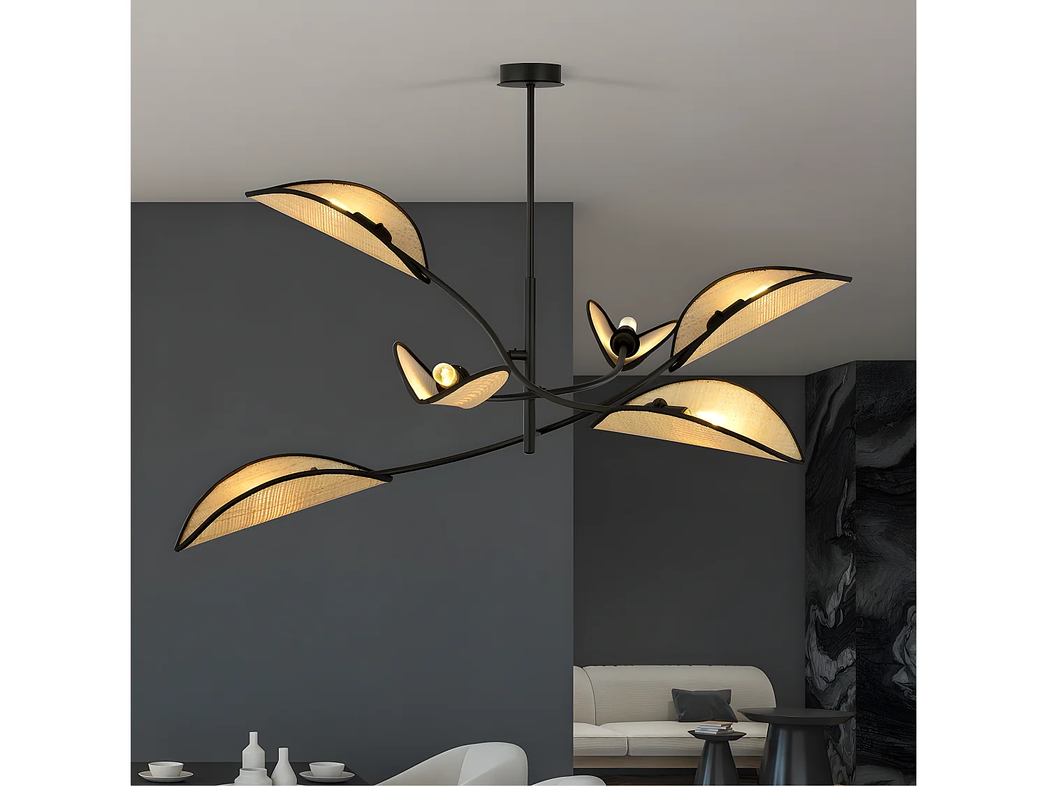 Lustre Flik avec 6 abat-jour en tissu en forme de feuille en rotin et noir 6xE14 ø102
