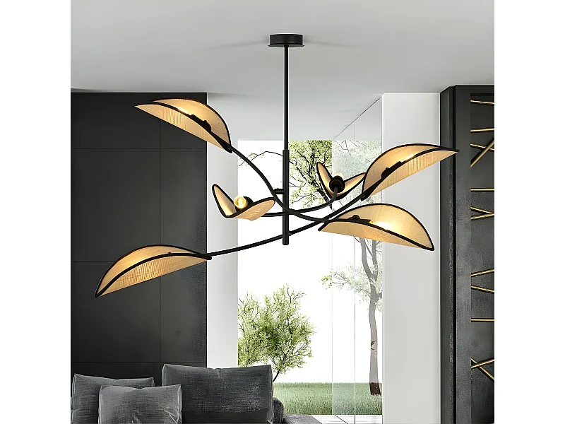 Lustre Flik avec 6 abat-jour en tissu en forme de feuille en rotin et noir 6xE14 ø102