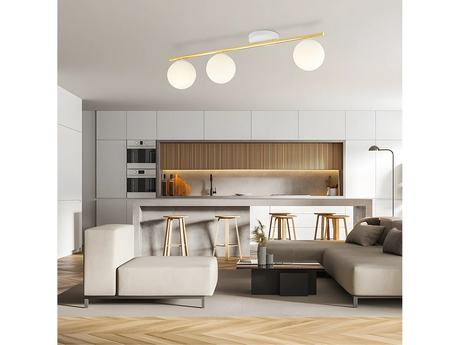 Plafondstrip Valenti in wit en goud met 3 glazen bollen 3xE14