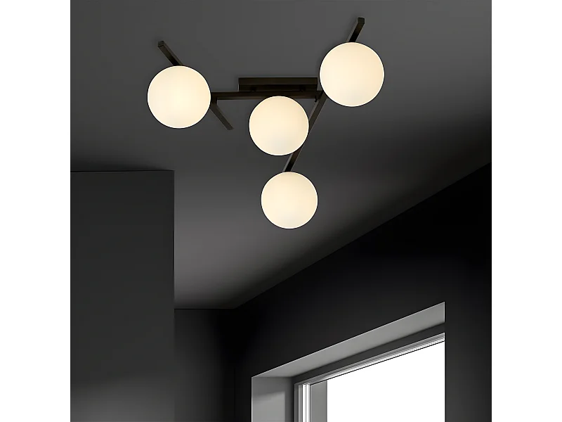 Moderne plafondlamp met onregelmatige metalen staven en 4 glazen bollen 4xE14