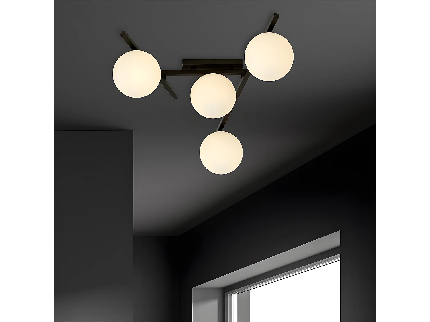 Moderne plafondlamp met onregelmatige metalen staven en 4 glazen bollen 4xE14