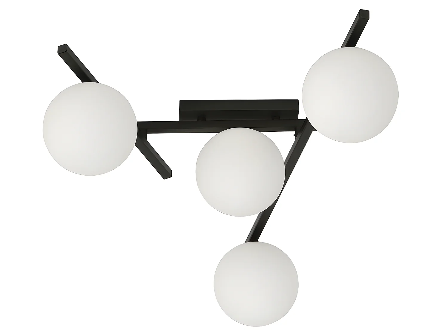 Moderne plafondlamp met onregelmatige metalen staven en 4 glazen bollen 4xE14