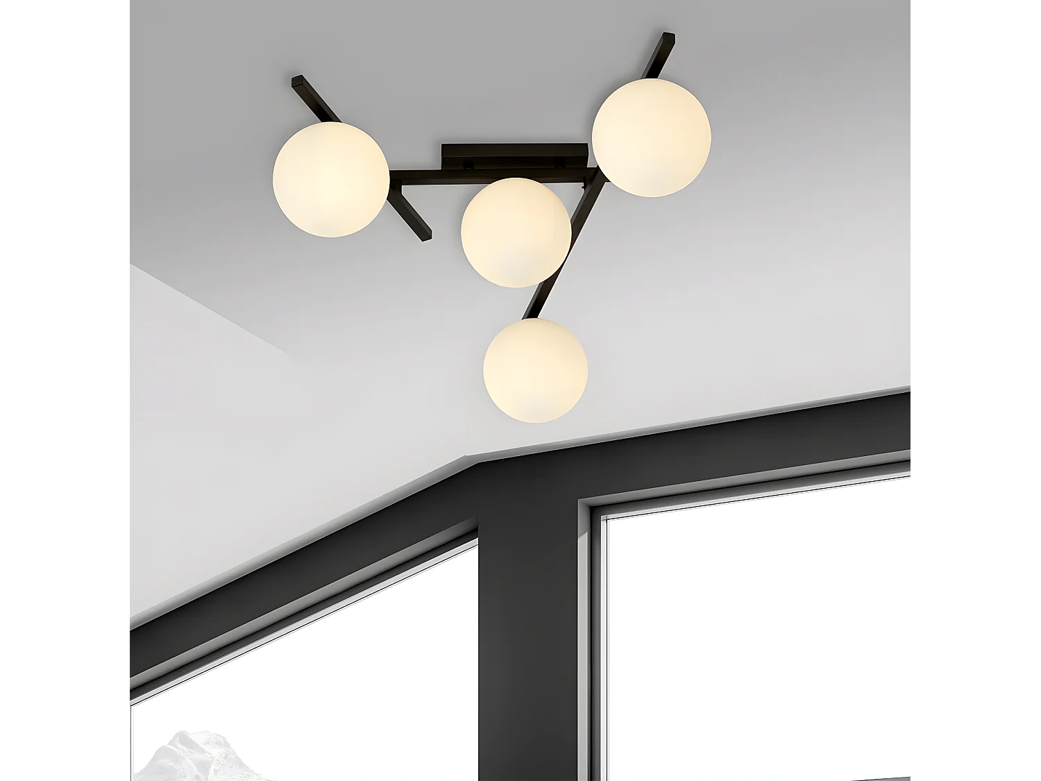 Moderne plafondlamp met onregelmatige metalen staven en 4 glazen bollen 4xE14