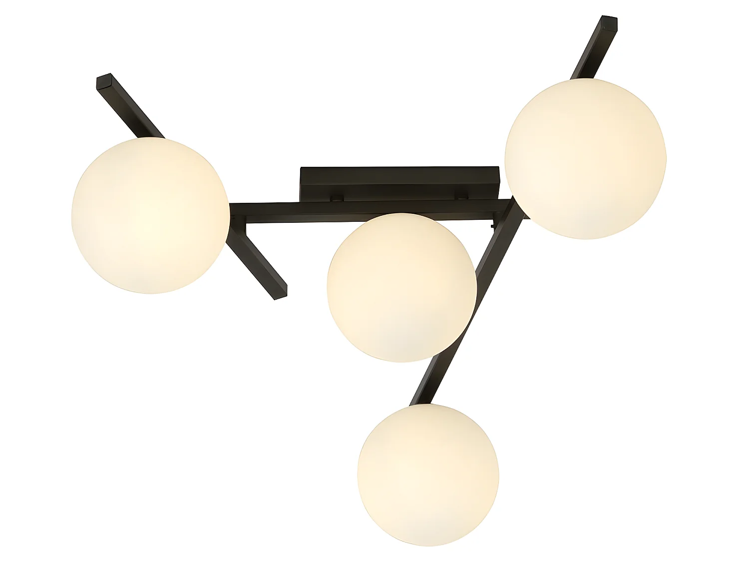 Moderne plafondlamp met onregelmatige metalen staven en 4 glazen bollen 4xE14