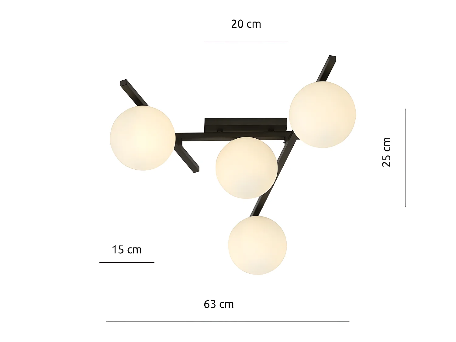 Moderne plafondlamp met onregelmatige metalen staven en 4 glazen bollen 4xE14