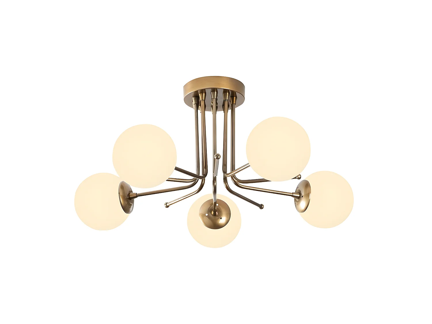 Plafonnier Marga doré antique avec 5 sphères en verre blanc 5xE27 ø80cm