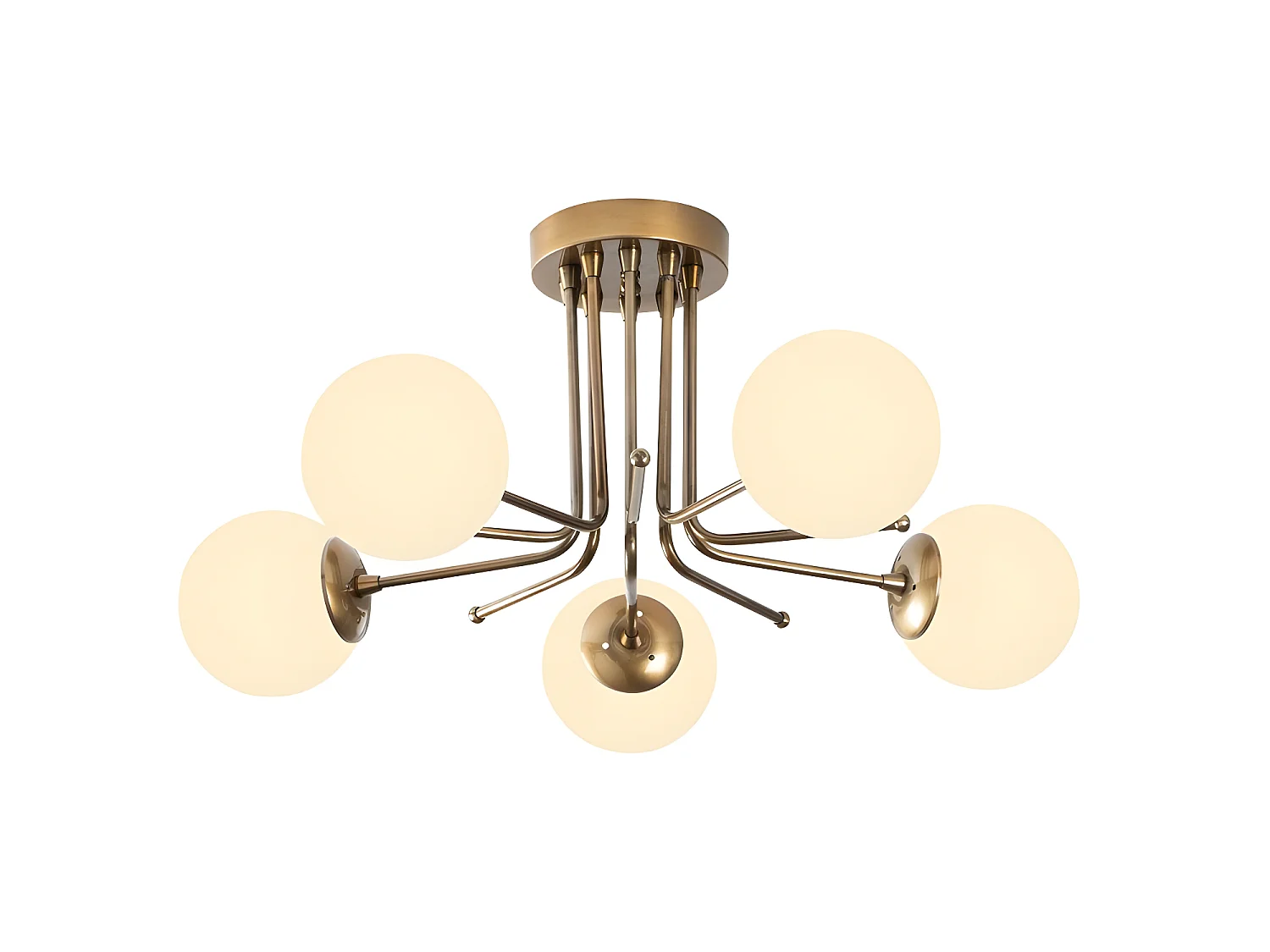 Plafonnier Marga doré antique avec 5 sphères en verre blanc 5xE27 ø80cm