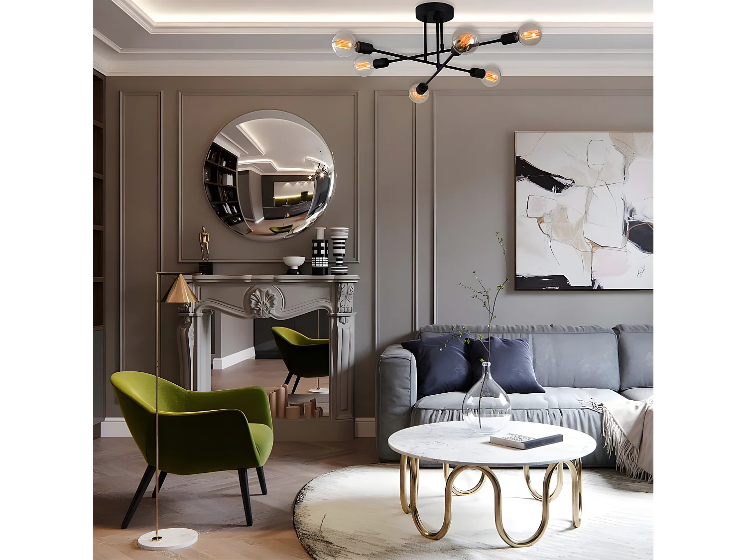 Plafoniera moderna Sempo con barre in metallo nero e 6 portalampade 6xE27 ø64cm