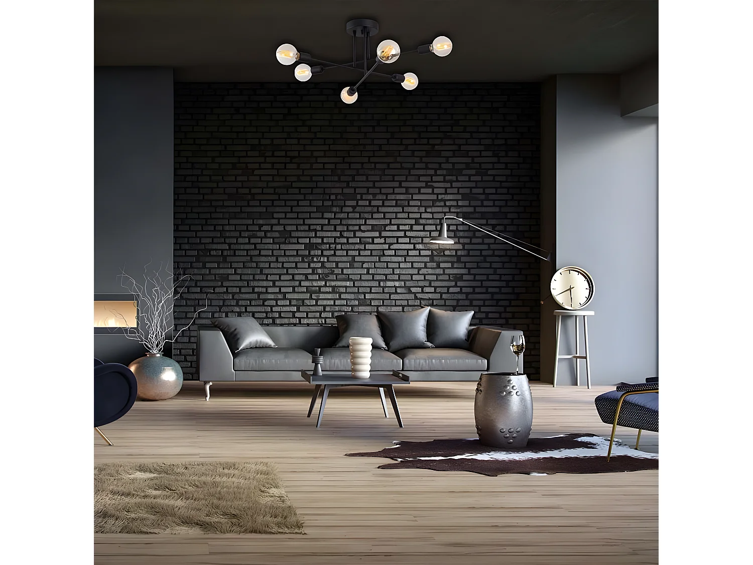 Plafoniera moderna Sempo con barre in metallo nero e 6 portalampade 6xE27 ø64cm