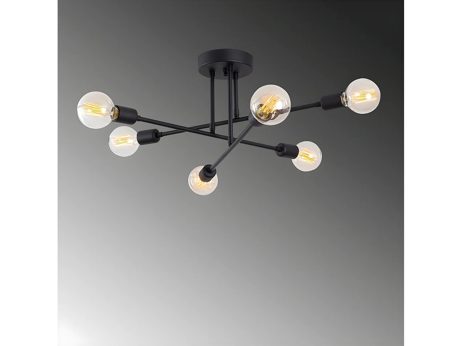 Moderne Plafondlamp Sempo met zwart metalen stangen en 6 lamphouders 6xE27 ø64cm