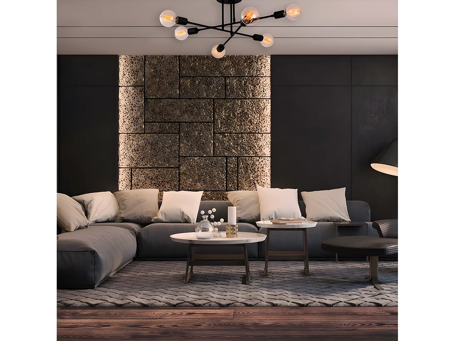 Moderne Plafondlamp Sempo met zwart metalen stangen en 6 lamphouders 6xE27 ø64cm