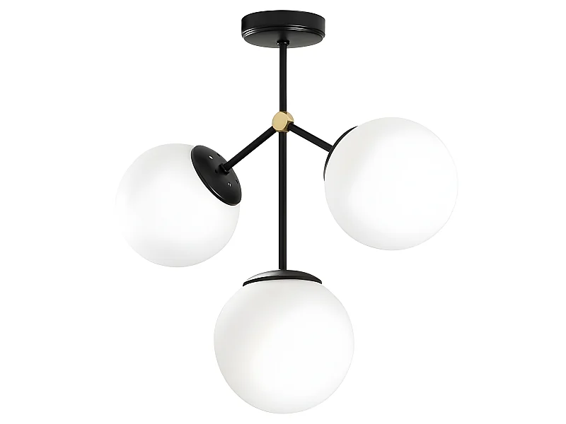 Plafonnier nordique Mulen noir avec détail doré et 3 sphères en verre 3xE27