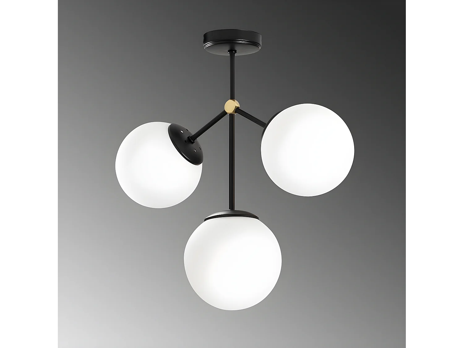 Plafonnier nordique Mulen noir avec détail doré et 3 sphères en verre 3xE27