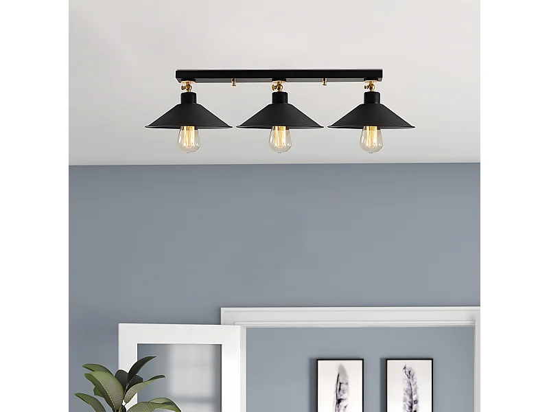 Plafonnier linéaire Harvey avec 3 abat-jour orientables noir et doré 3xE27