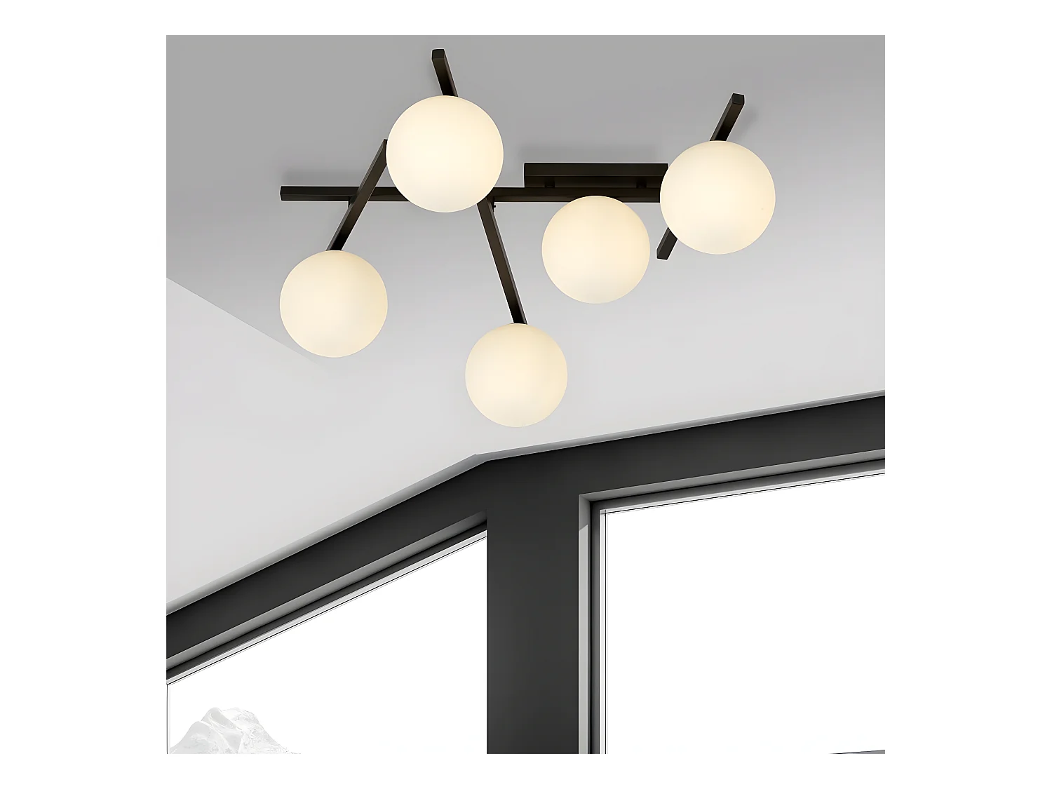 Plafonnier moderne Tramas avec barres métalliques irrégulières et 5 sphères en verre 5xE14