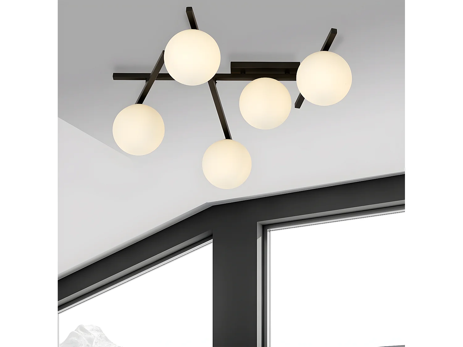 Plafonnier moderne Tramas avec barres métalliques irrégulières et 5 sphères en verre 5xE14