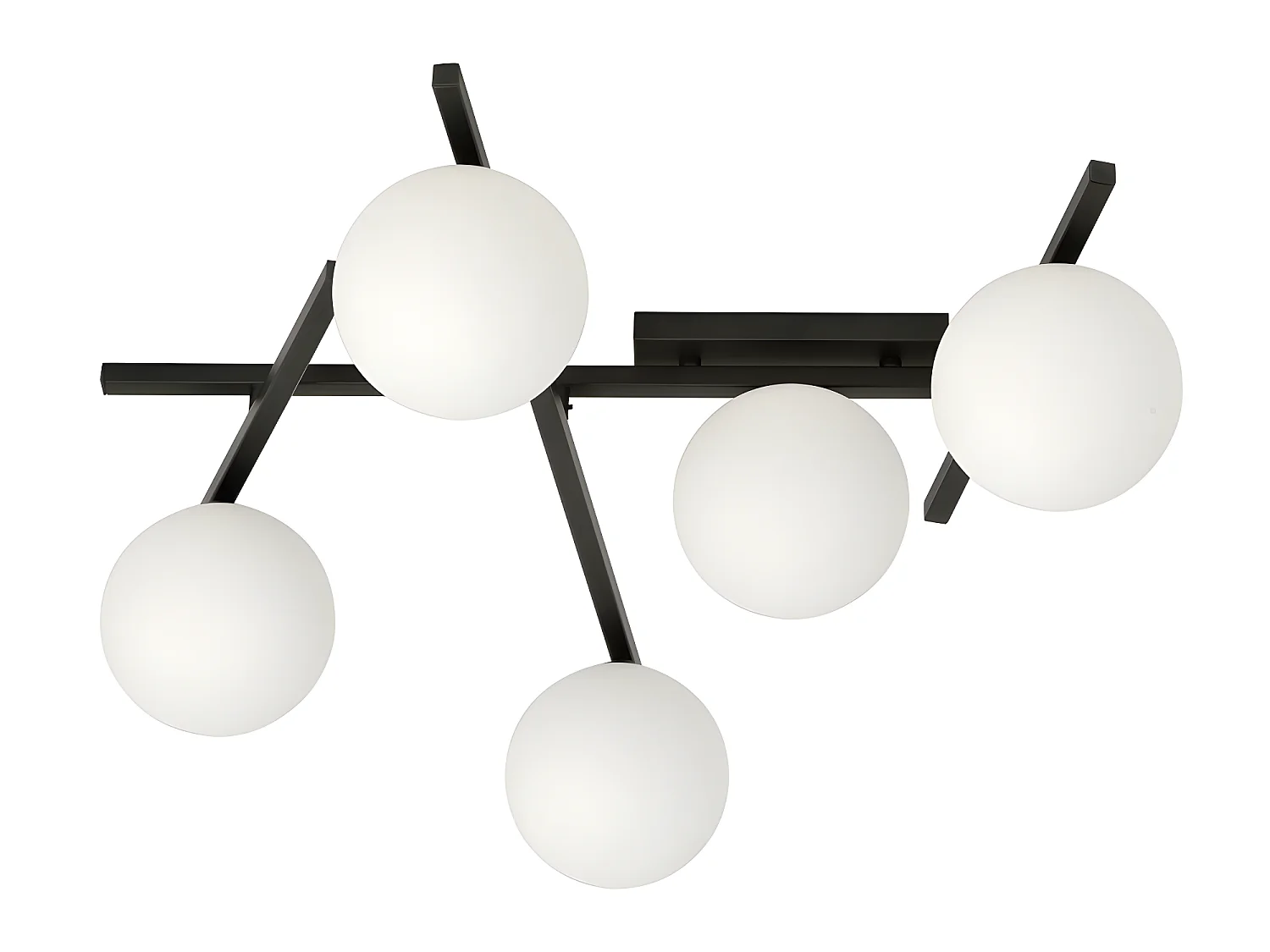 Plafonnier moderne Tramas avec barres métalliques irrégulières et 5 sphères en verre 5xE14
