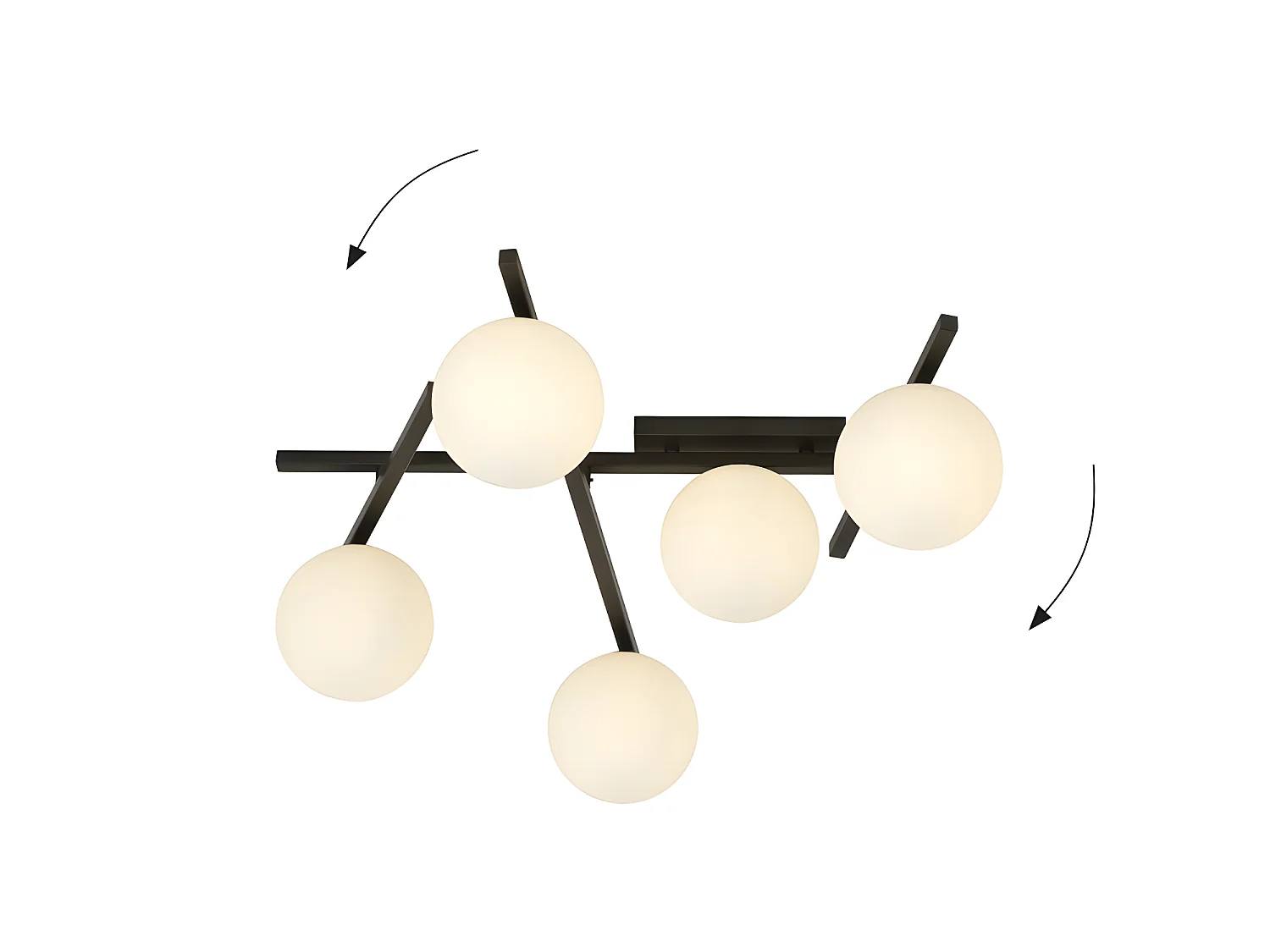 Plafonnier moderne Tramas avec barres métalliques irrégulières et 5 sphères en verre 5xE14