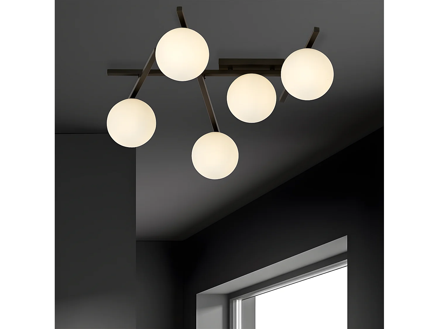 Plafonnier moderne Tramas avec barres métalliques irrégulières et 5 sphères en verre 5xE14