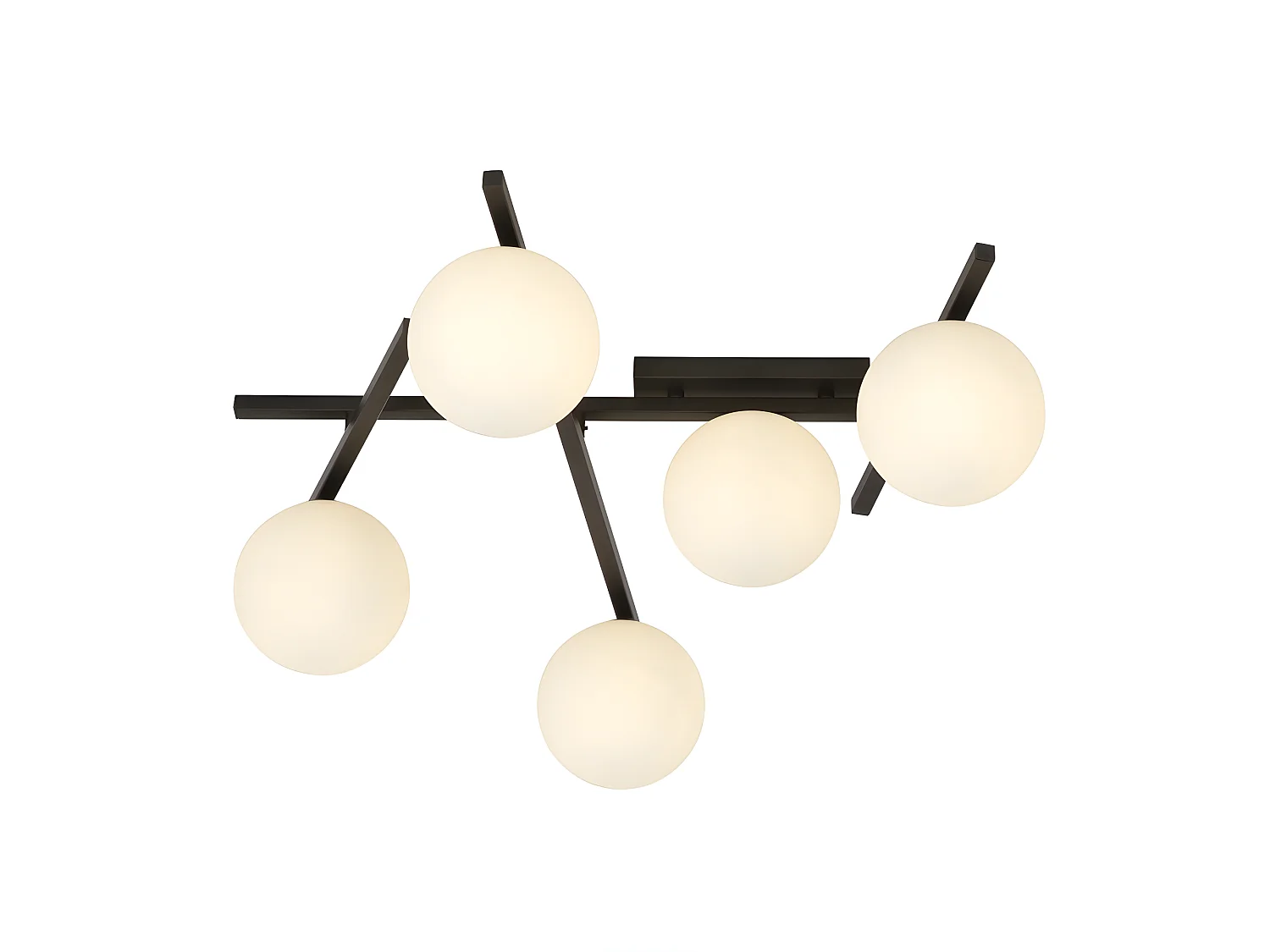 Plafonnier moderne Tramas avec barres métalliques irrégulières et 5 sphères en verre 5xE14