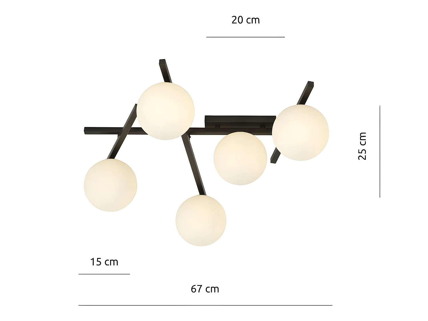 Plafonnier moderne Tramas avec barres métalliques irrégulières et 5 sphères en verre 5xE14