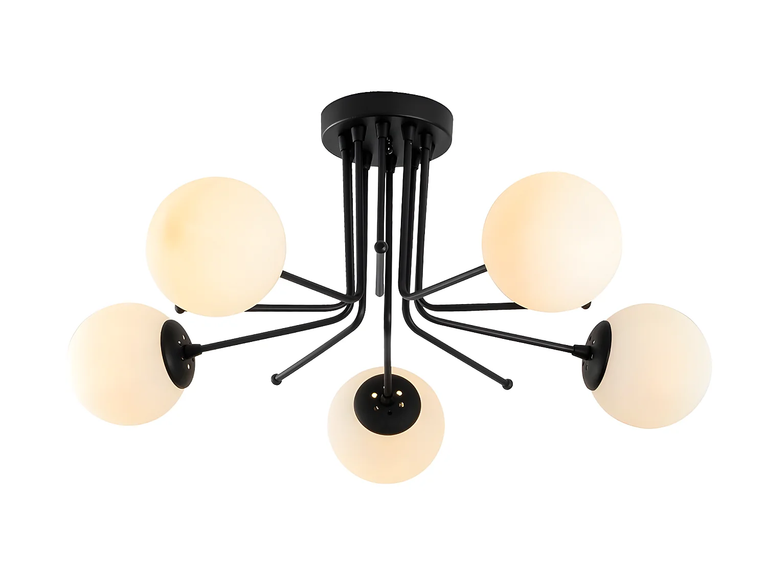 Plafonnier Marga noir avec 5 sphères en verre blanc 5xE27 ø80cm