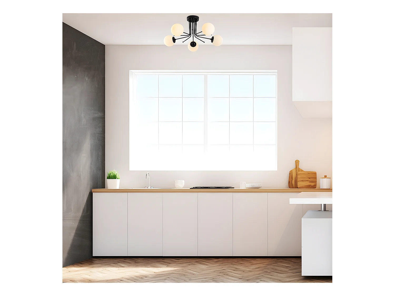 Plafonnier Marga noir avec 5 sphères en verre blanc 5xE27 ø80cm