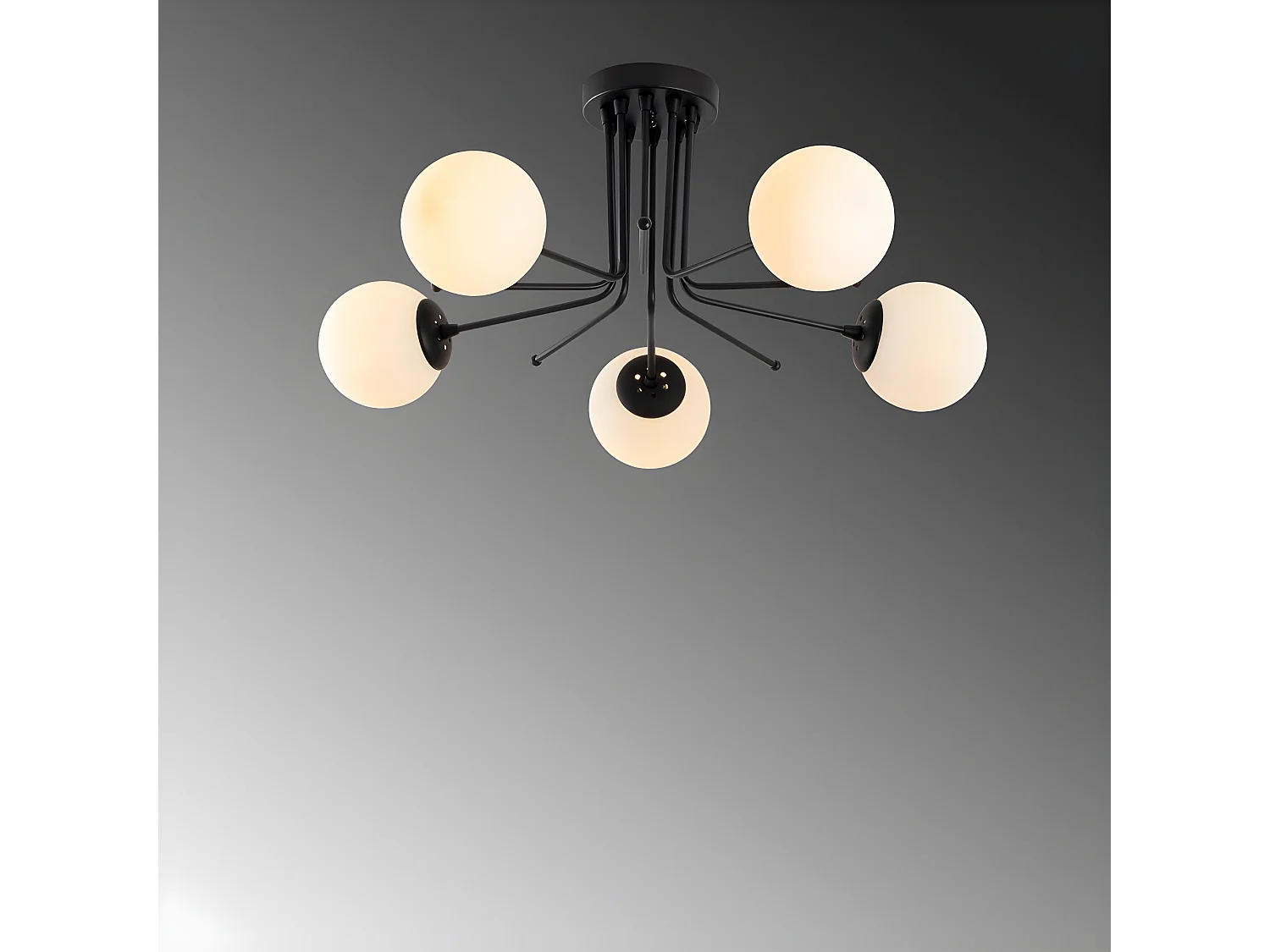 Marga zwarte plafondlamp met 5 witte glazen bollen 5xE27 ø80cm