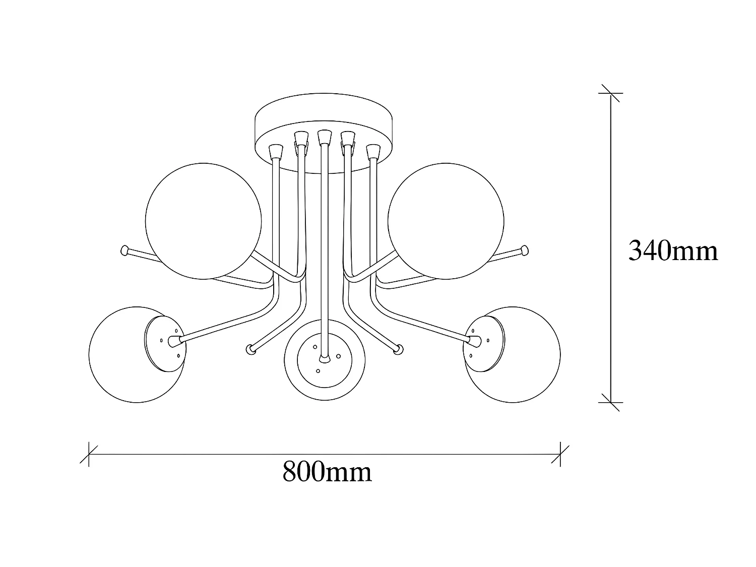Marga zwarte plafondlamp met 5 witte glazen bollen 5xE27 ø80cm