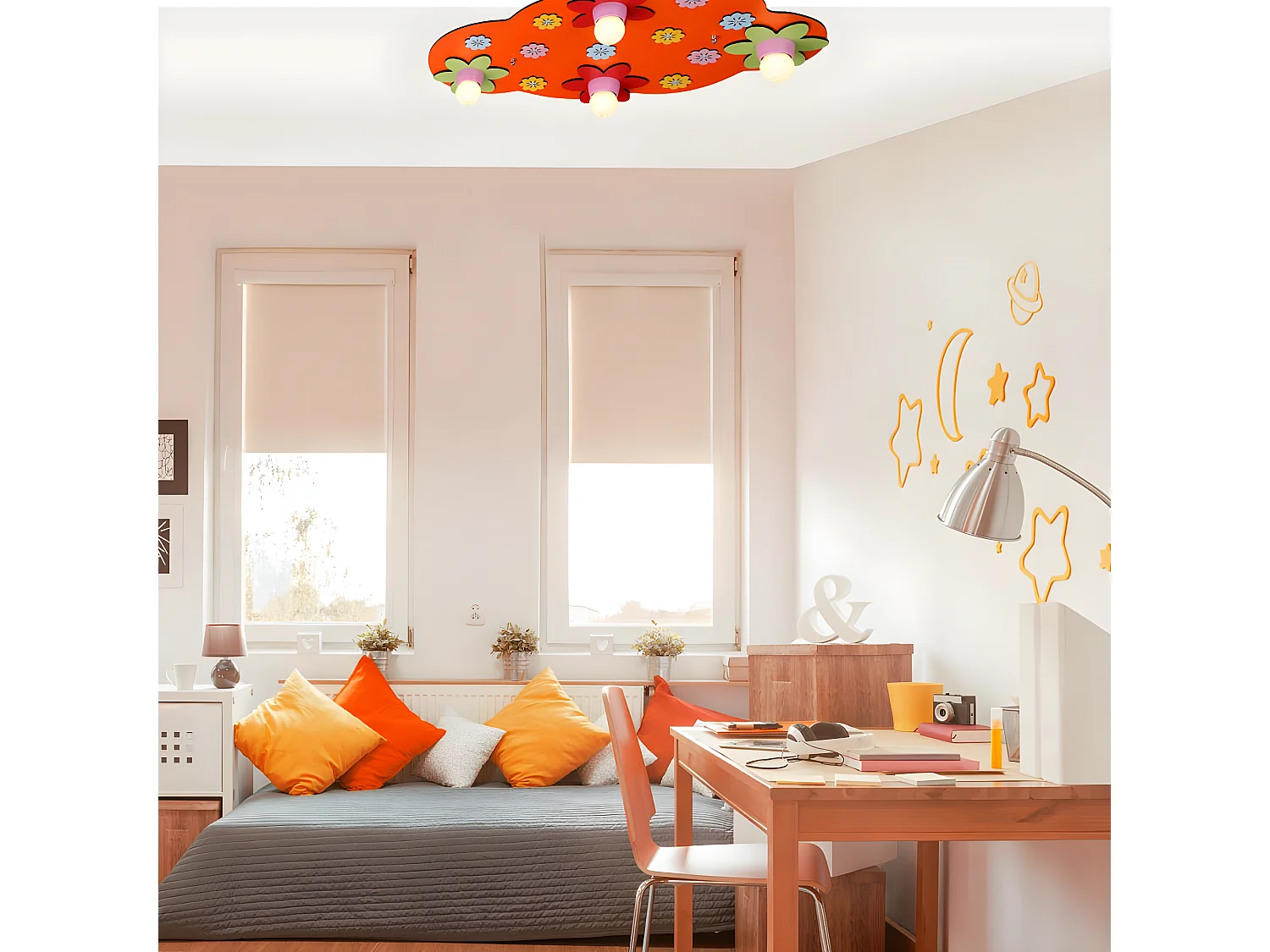 Kinder-Plafondlamp Cloud met veelkleurige bloemendetails 4xE27