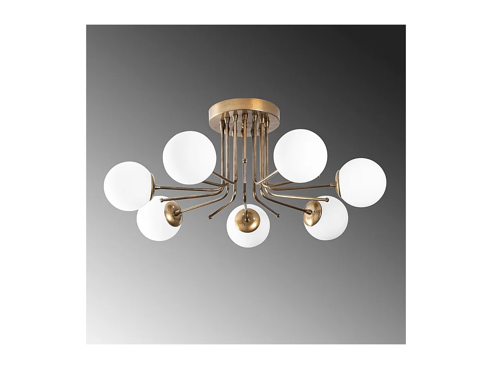 Plafonnier Marga doré antique avec 7 sphères en verre blanc 7xE27 ø90cm