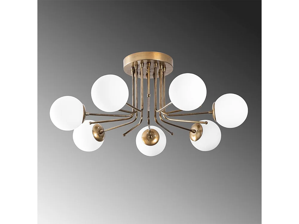 Marga antiek gouden plafondlamp met 7 witte glazen bollen 7xE27 ø90cm