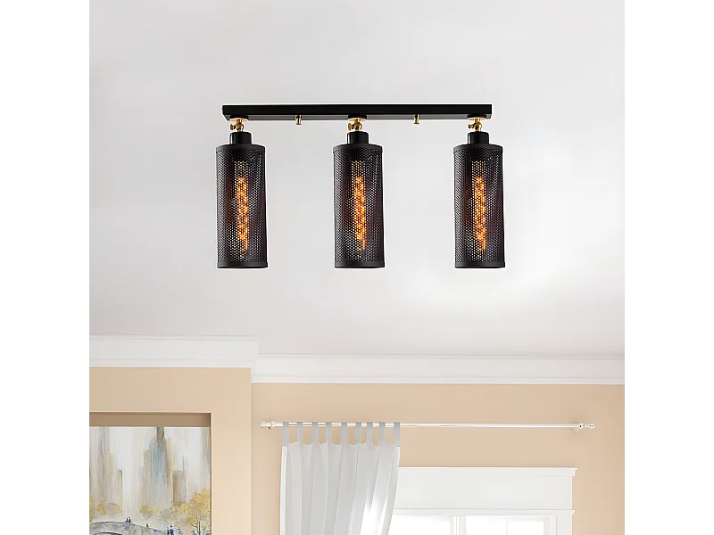 Plafonnier linéaire moderne Marismo avec 3 abat-jour à grille noire 3xE27