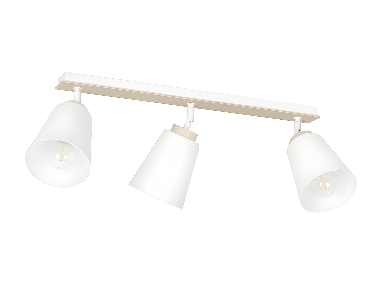 Plafonnier linéaire Tasla en métal et bois avec 3 abat-jour blancs orientables 3xE27