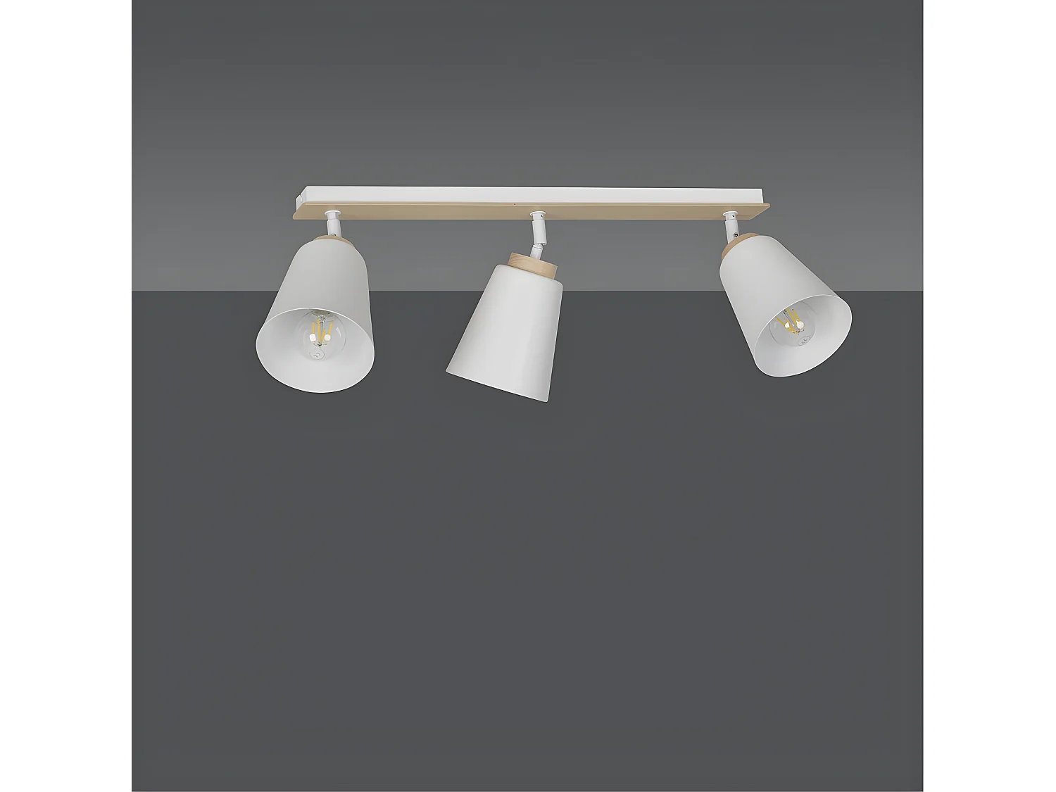 Plafonnier linéaire Tasla en métal et bois avec 3 abat-jour blancs orientables 3xE27