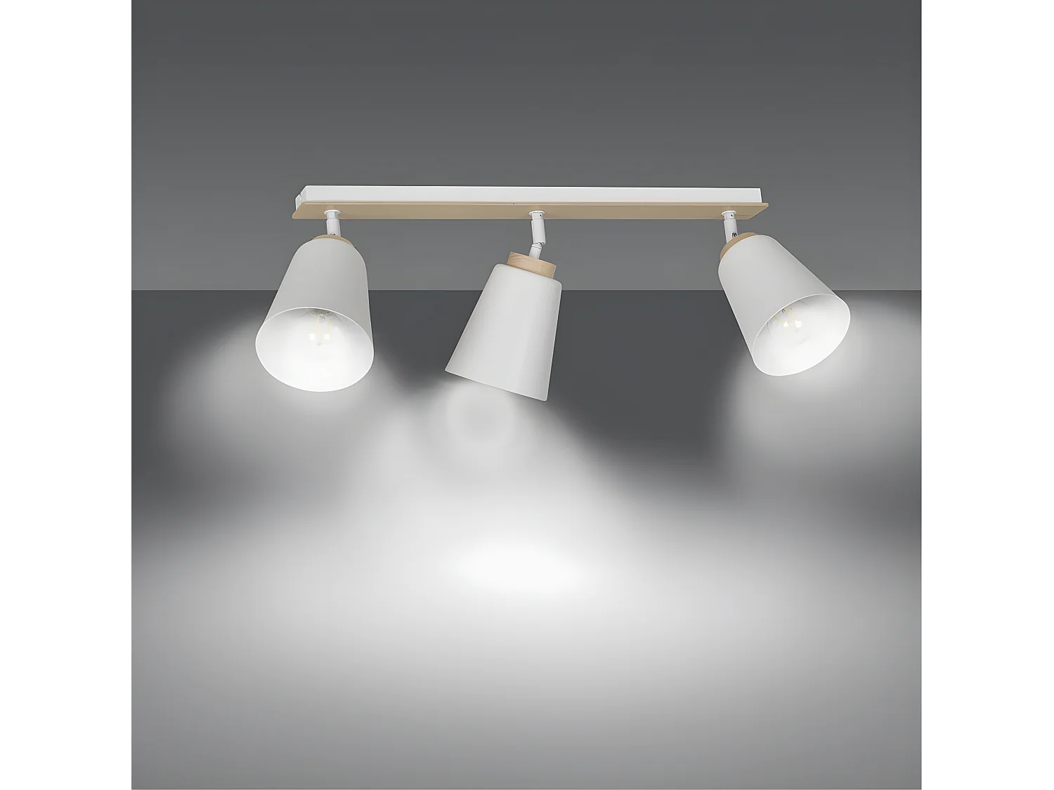 Plafonnier linéaire Tasla en métal et bois avec 3 abat-jour blancs orientables 3xE27