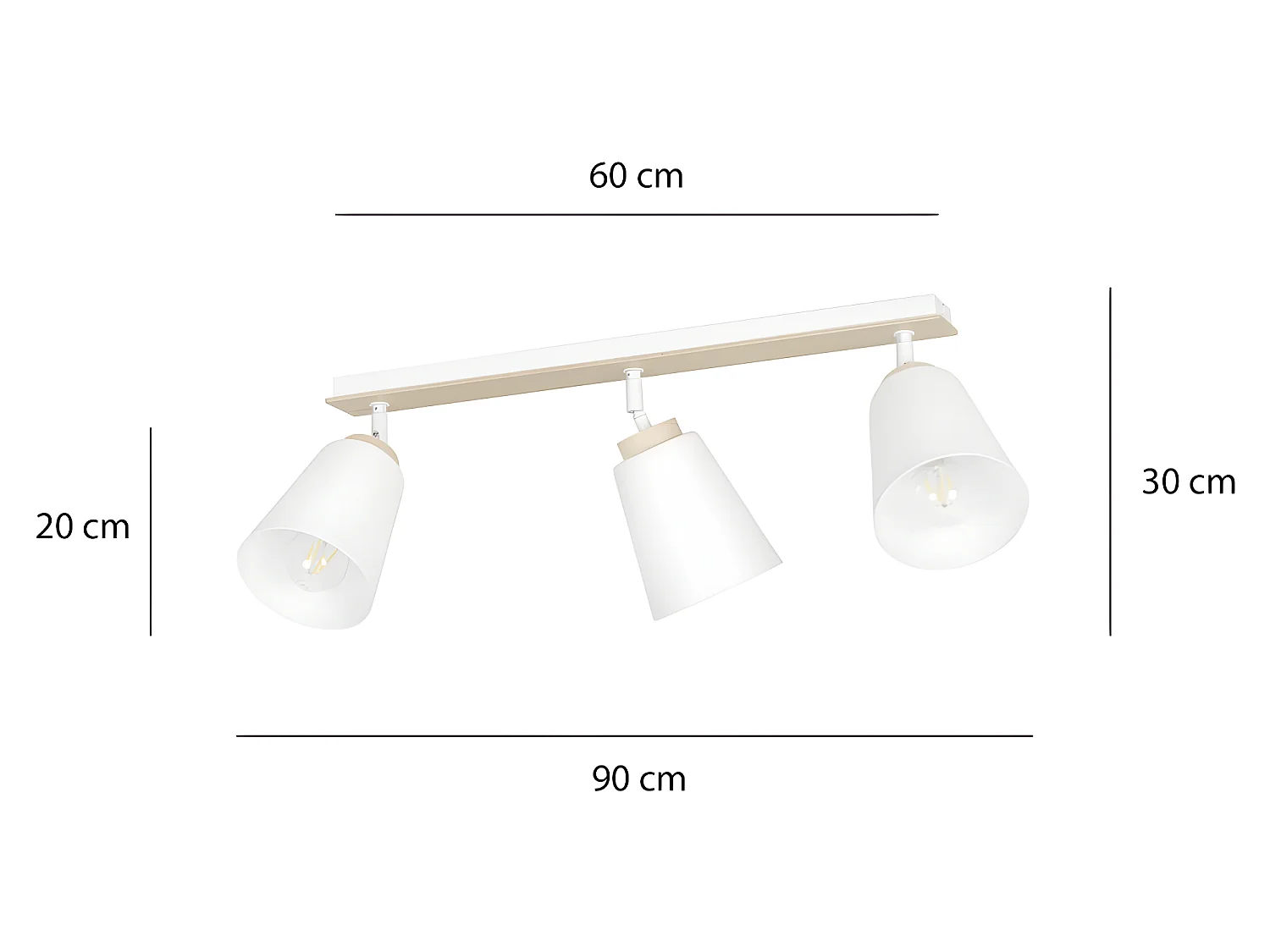 Plafonnier linéaire Tasla en métal et bois avec 3 abat-jour blancs orientables 3xE27