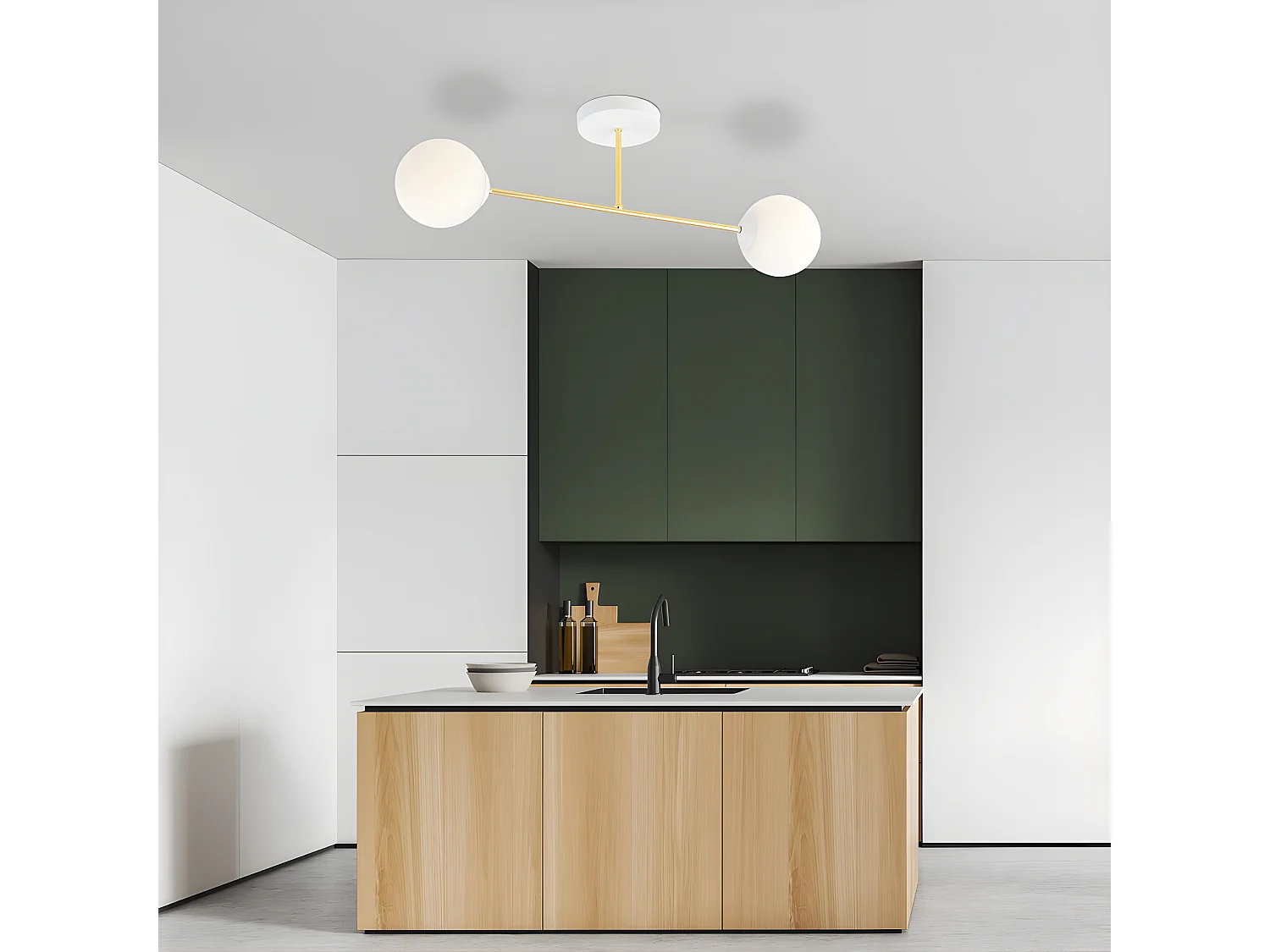 Candeeiro de teto moderno Mendra branco e dourado com 2 bolas de vidro 2xE14