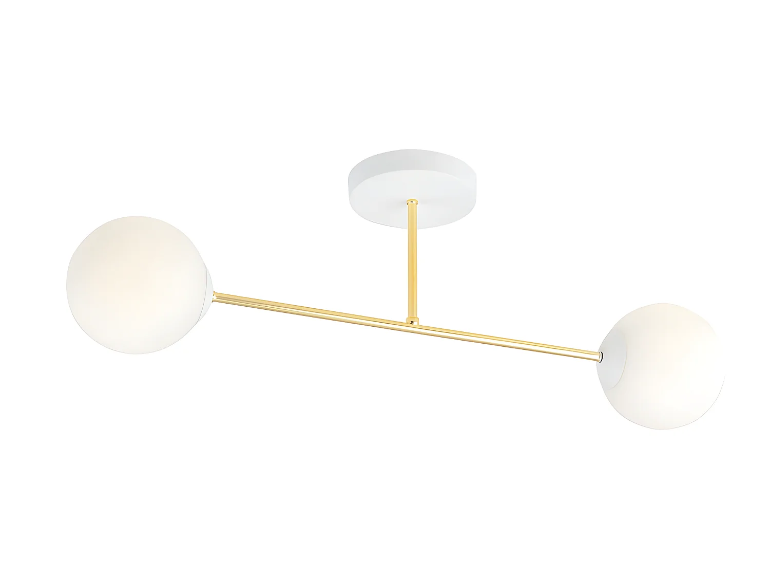 Candeeiro de teto moderno Mendra branco e dourado com 2 bolas de vidro 2xE14