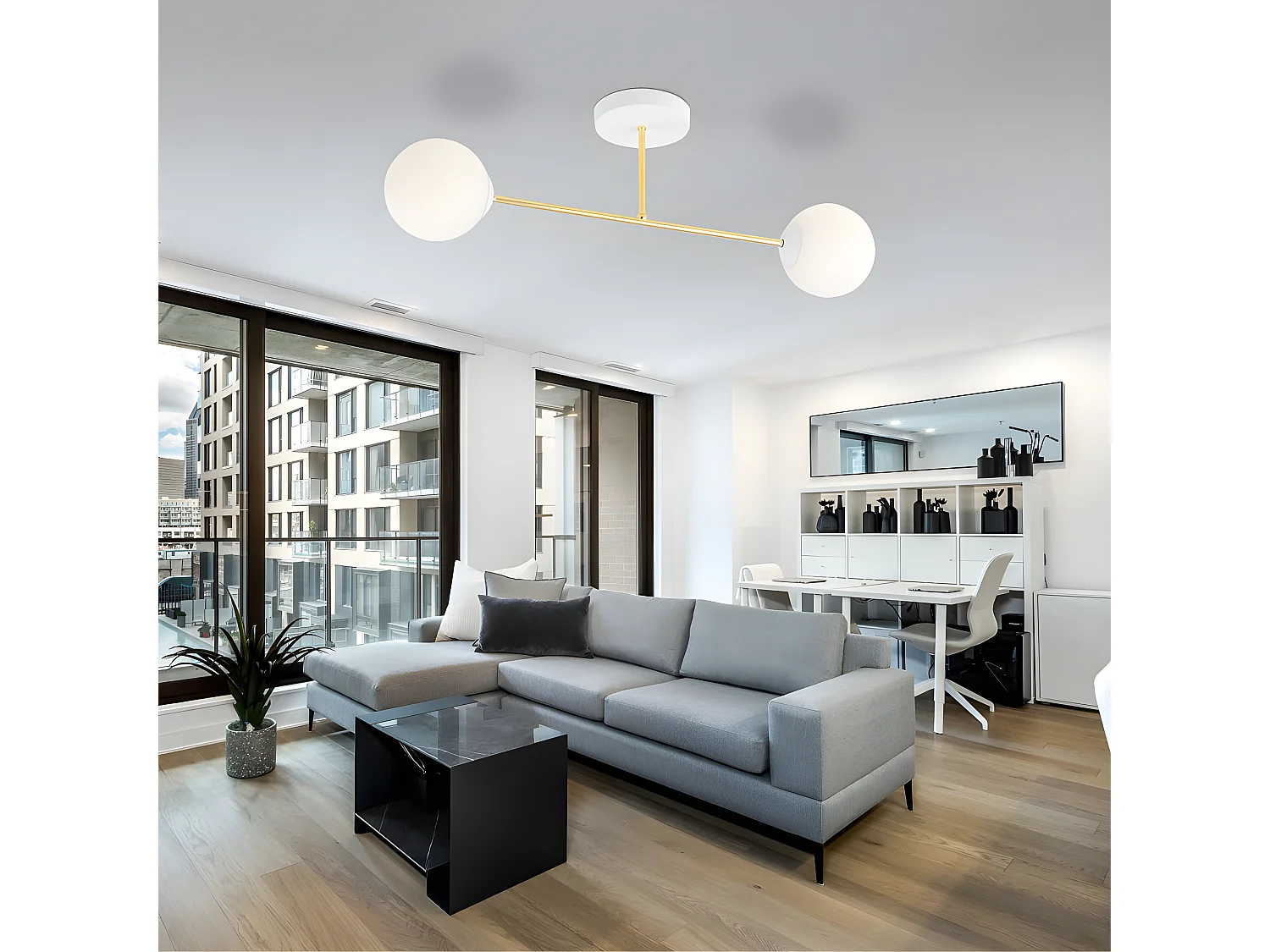 Candeeiro de teto moderno Mendra branco e dourado com 2 bolas de vidro 2xE14