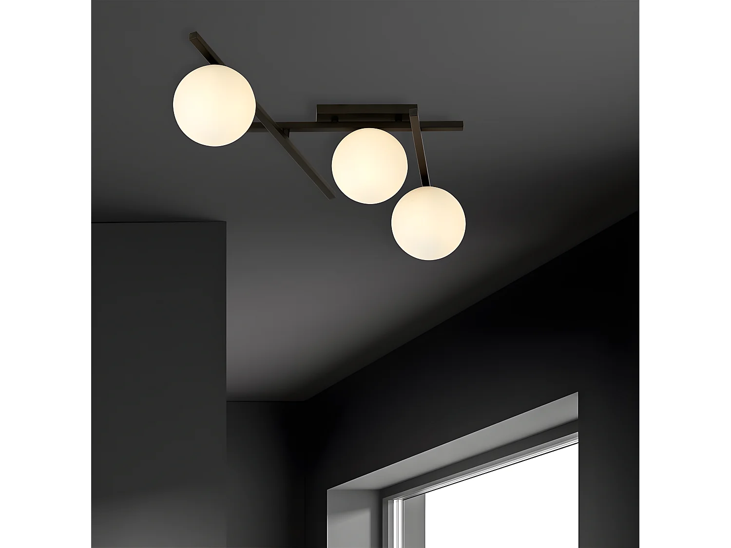 Moderne Deckenleuchte Tramas mit unregelmäßigen Metallstäben und 3 Glaskugeln 3xE14