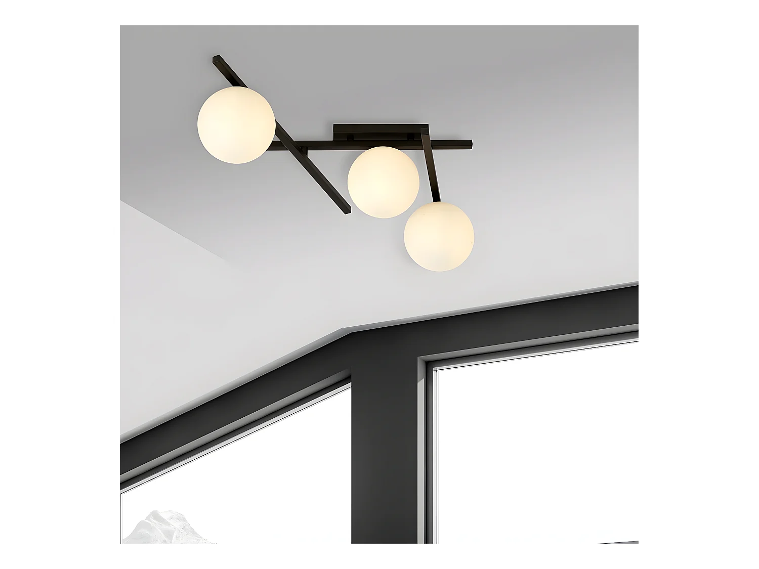 Plafonnier moderne Tramas avec barres métalliques irrégulières et 3 sphères en verre 3xE14