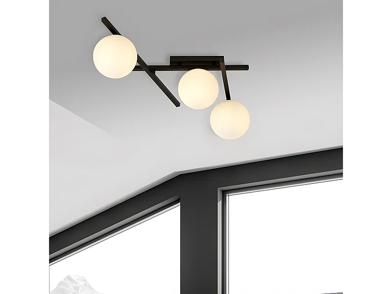 Moderne Plafondlamp Tramas met onregelmatige metalen staven en 3 glazen bollen 3xE14