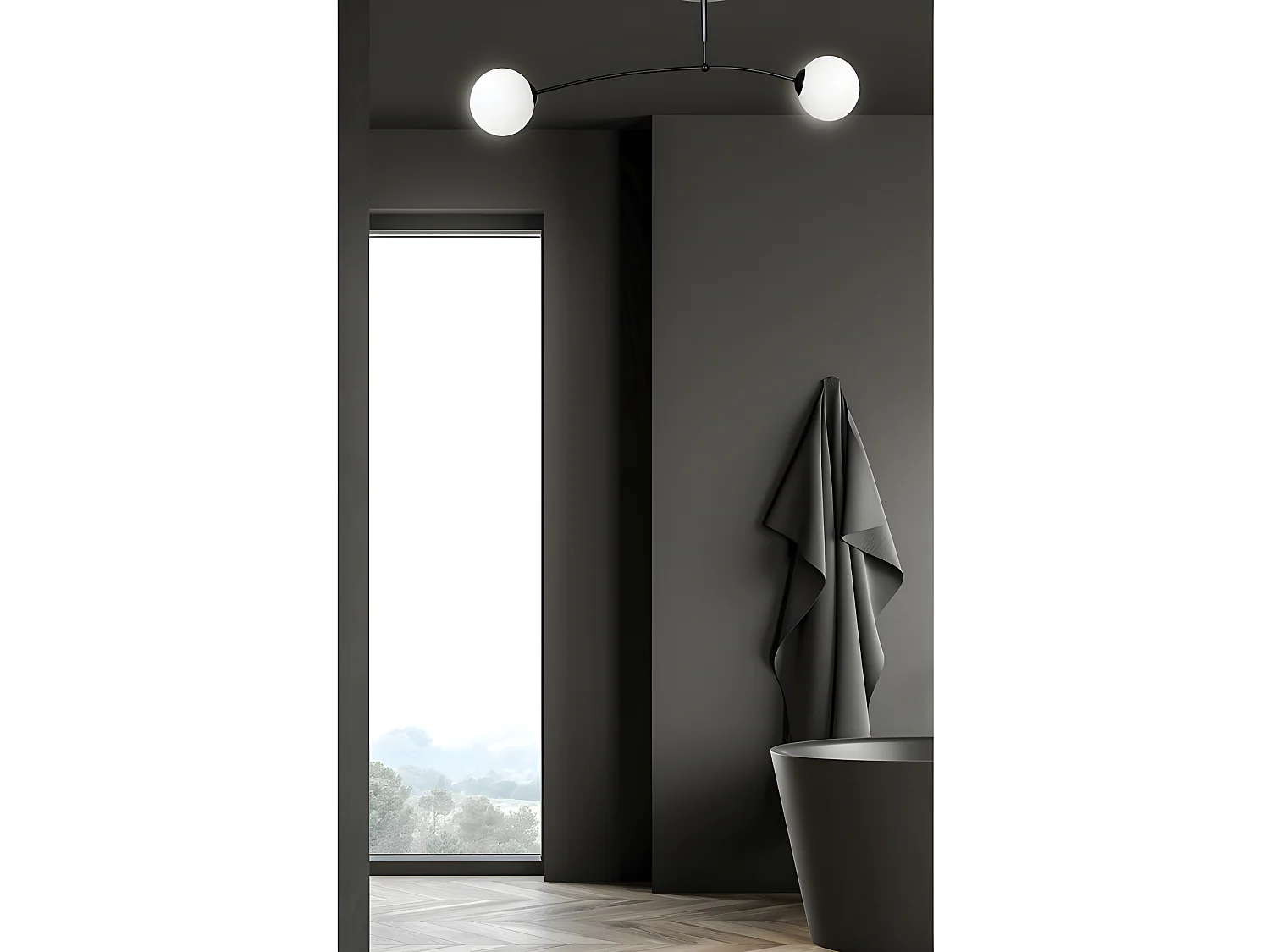 Plafonnier noir moderne Mobis avec 2 sphères en verre 2xE14