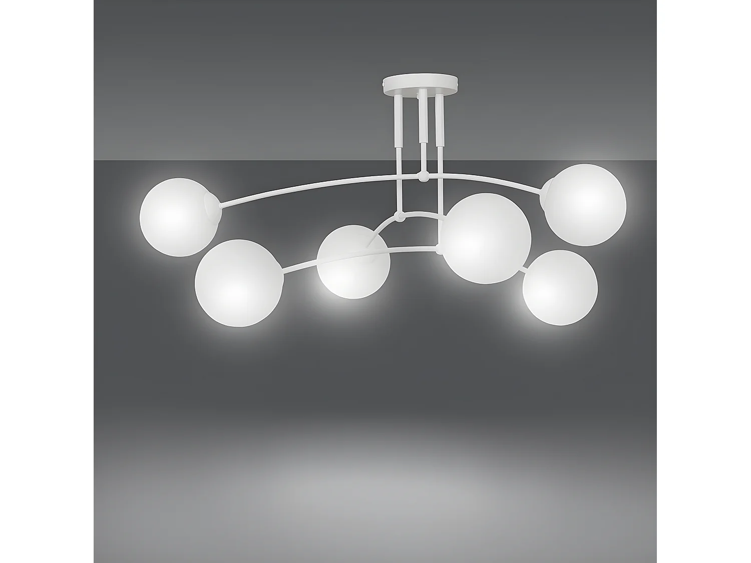 Plafonnier Mobis moderne avec barres blanches irrégulières et 6 sphères en verre 6xE14
