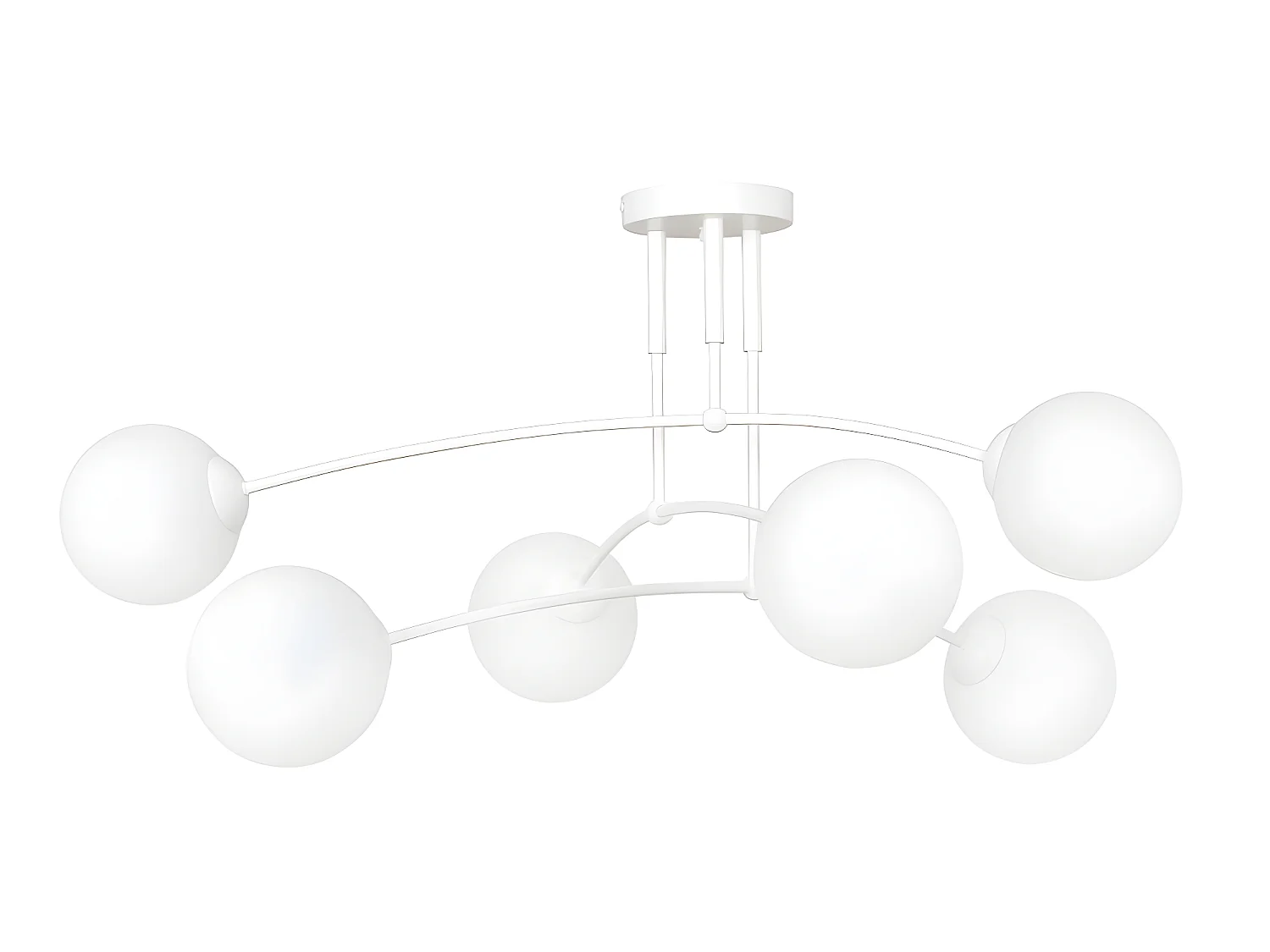 Plafonnier Mobis moderne avec barres blanches irrégulières et 6 sphères en verre 6xE14