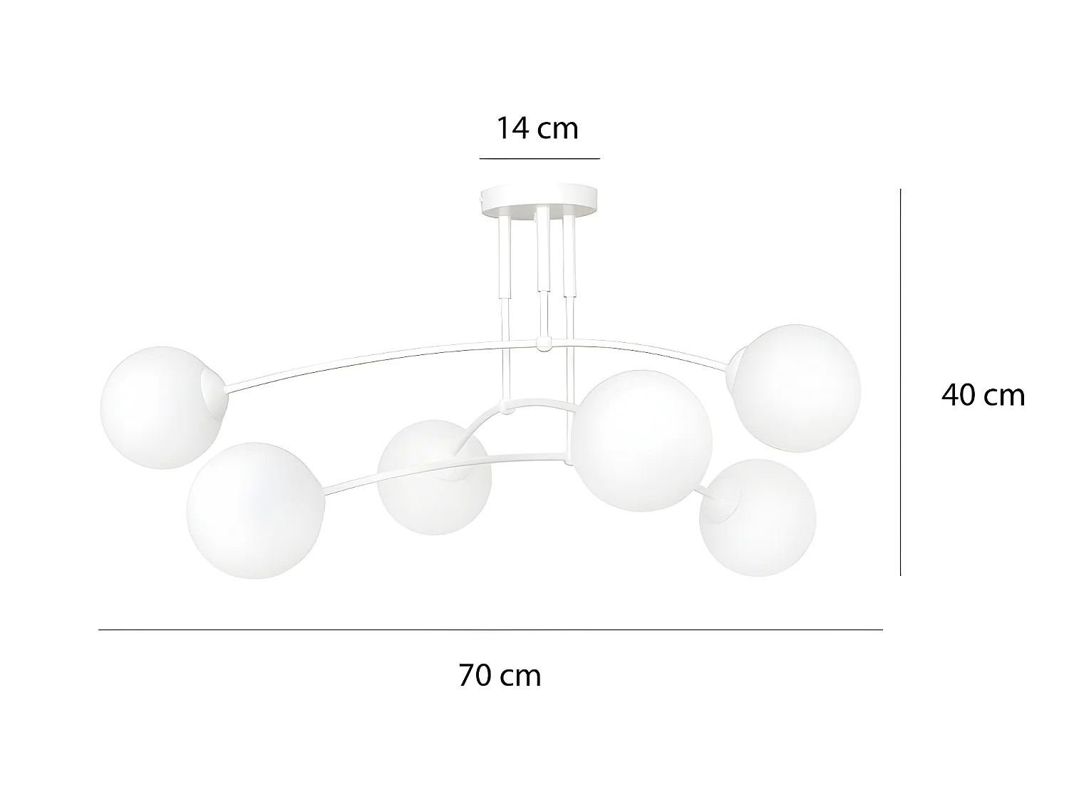 Plafonnier Mobis moderne avec barres blanches irrégulières et 6 sphères en verre 6xE14