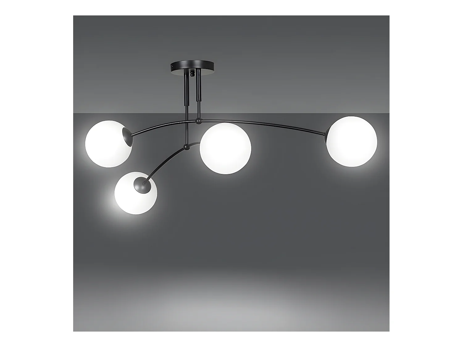 Plafonnier Mobis moderne avec barres noires irrégulières et 4 sphères en verre 4xE14