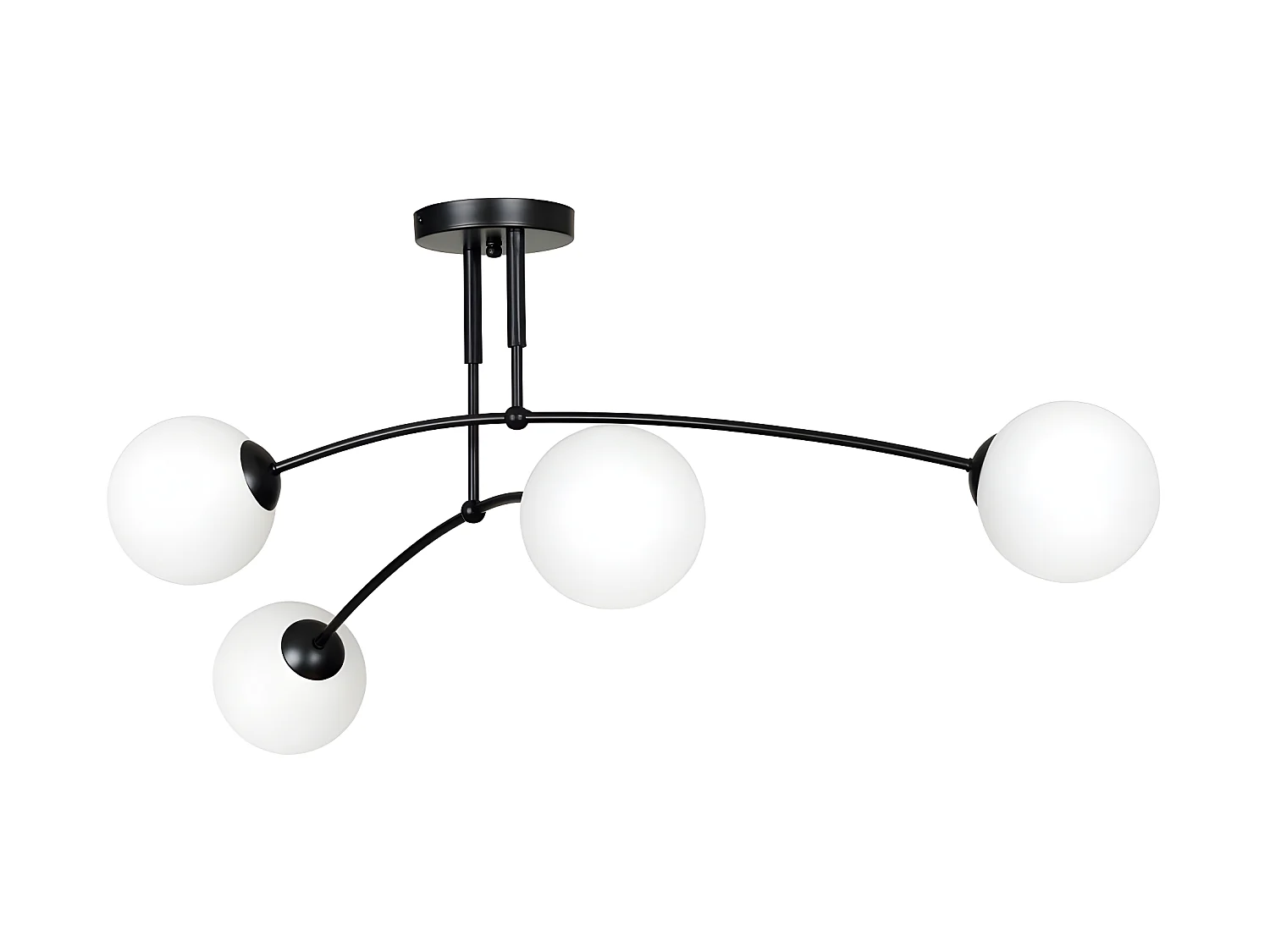 Plafonnier Mobis moderne avec barres noires irrégulières et 4 sphères en verre 4xE14