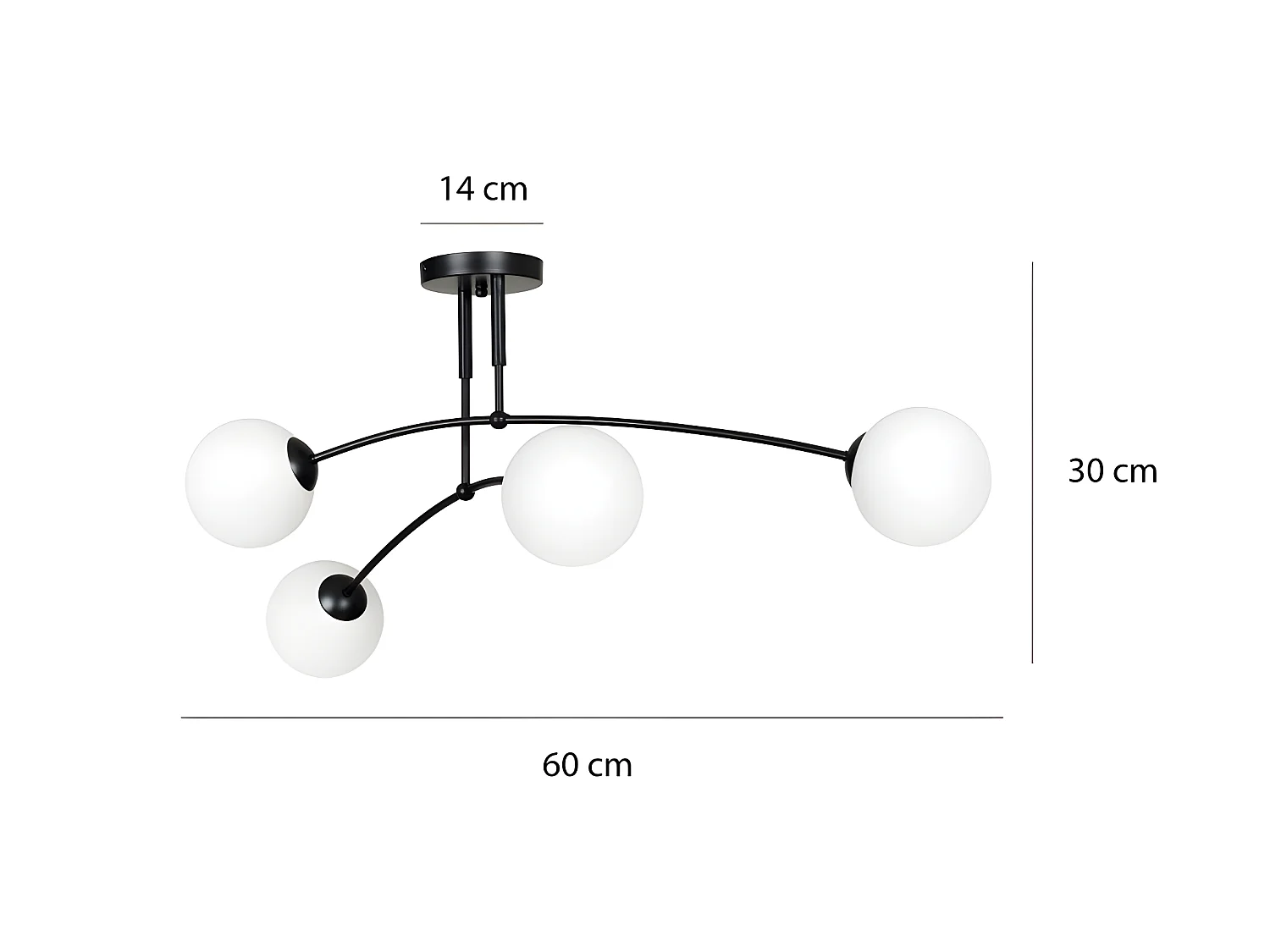 Plafonnier Mobis moderne avec barres noires irrégulières et 4 sphères en verre 4xE14